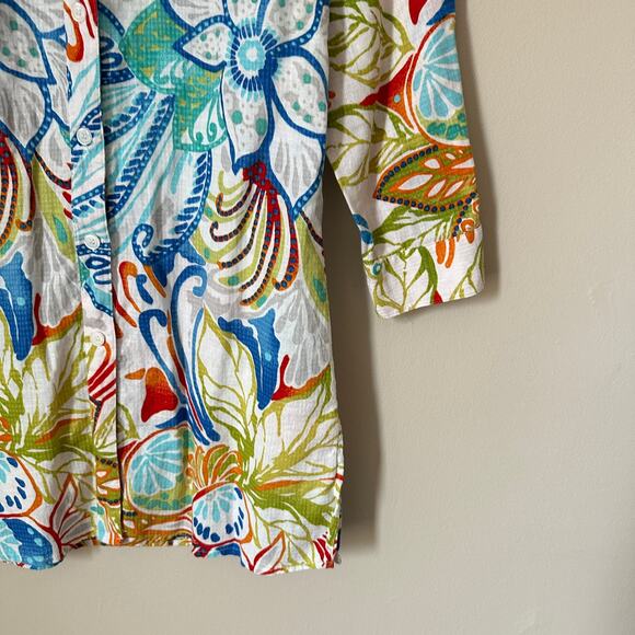 Chico's Tunic Blouse XS Linen Blend Tropical Print Colorful Summer Lightweight - Picture 3 of 9